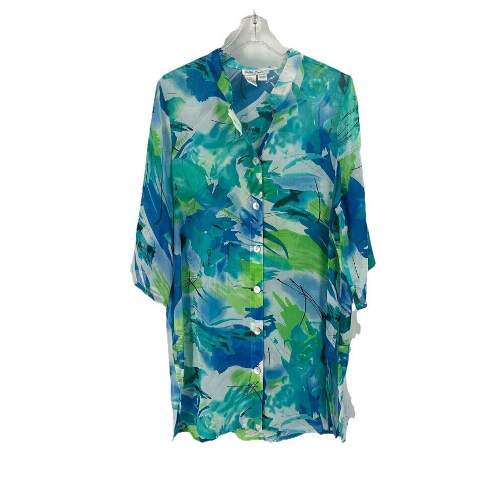 Ulla Popken Sheer Tunic Button Down Top Green Blue 3/4 Sleeve Sz 12 Cottagecore